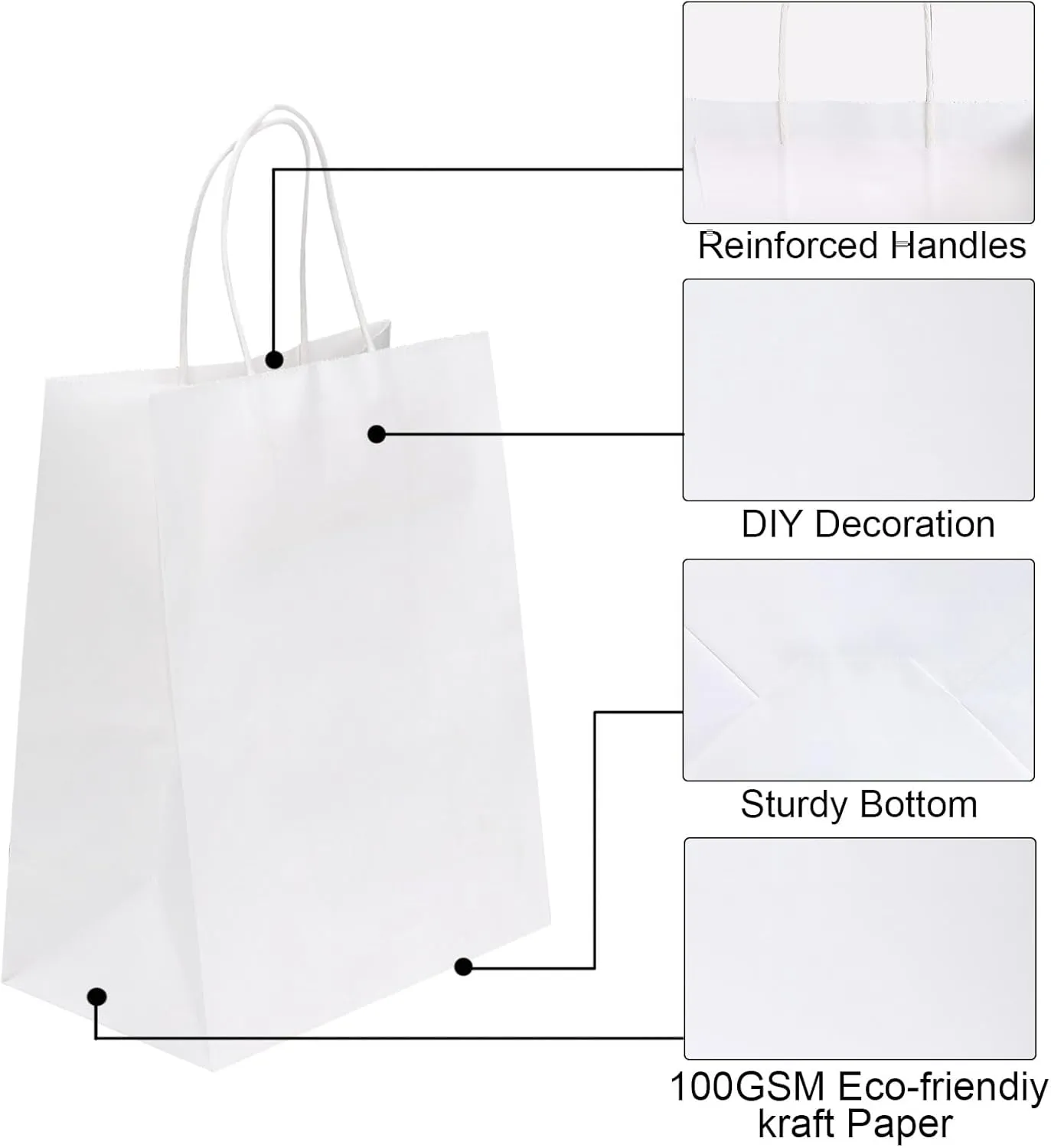 Joybe 100 Pack 8x4.75x10 Inch Medium White Kraft Paper Bags with Handles Bulk, Craft Paper Gift Bags for Party Favors Grocery Retail Shopping Business Goody Merchandise Take Out Blank Sacks (100pcs)