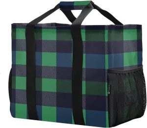 JUNZAN Buffalo Plaid Utility Beach Tote Foldable Beach Bag Water Resistant Grocery Bags Reusable Canvas Car Totes