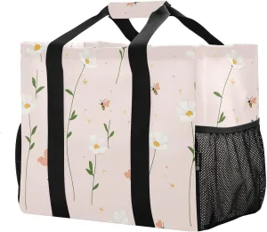 JUNZAN Cute Wild Florals Utility Tote Bags Foldable Beach Totes Bags Sandproof Reusable Grocery Shopping Bags Canvas Carrying Bag