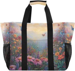 Kigai Butterfly Flowers Reusable Grocery Bag with Handles Waterproof Foldable Extra Large Tote Shopping Bag Standing Organizer for Picnics, Beach, Pool, Laundry, Car, Camping