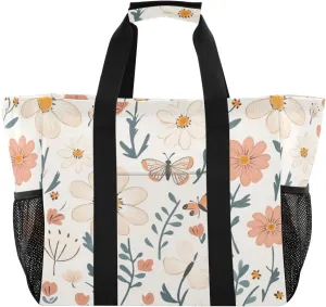 Kigai Butterfly Flowers Reusable Grocery Bag with Handles Waterproof Foldable Extra Large Tote Shopping Bag Standing Organizer for Picnics, Beach, Pool, Laundry, Car, Camping
