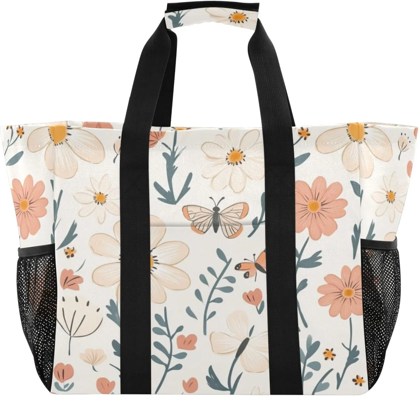 Kigai Butterfly Flowers Reusable Grocery Bag with Handles Waterproof Foldable Extra Large Tote Shopping Bag Standing Organizer for Picnics, Beach, Pool, Laundry, Car, Camping