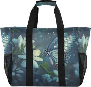 Kigai Butterfly Flowers Reusable Grocery Bag with Handles Waterproof Foldable Extra Large Tote Shopping Bag Standing Organizer for Picnics, Beach, Pool, Laundry, Car, Camping