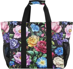 Kigai Colorful Peony Flower Reusable Grocery Bag with Handles Waterproof Foldable Extra Large Tote Shopping Bag Standing Organizer for Picnics, Beach, Pool, Laundry, Car, Camping