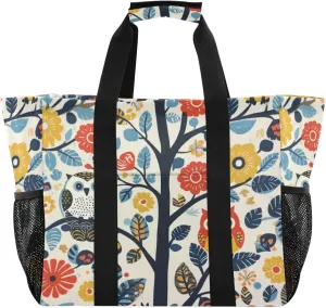 Kigai Owls Flowers Reusable Grocery Bag with Handles Waterproof Foldable Extra Large Tote Shopping Bag Standing Organizer for Picnics, Beach, Pool, Laundry, Car, Camping