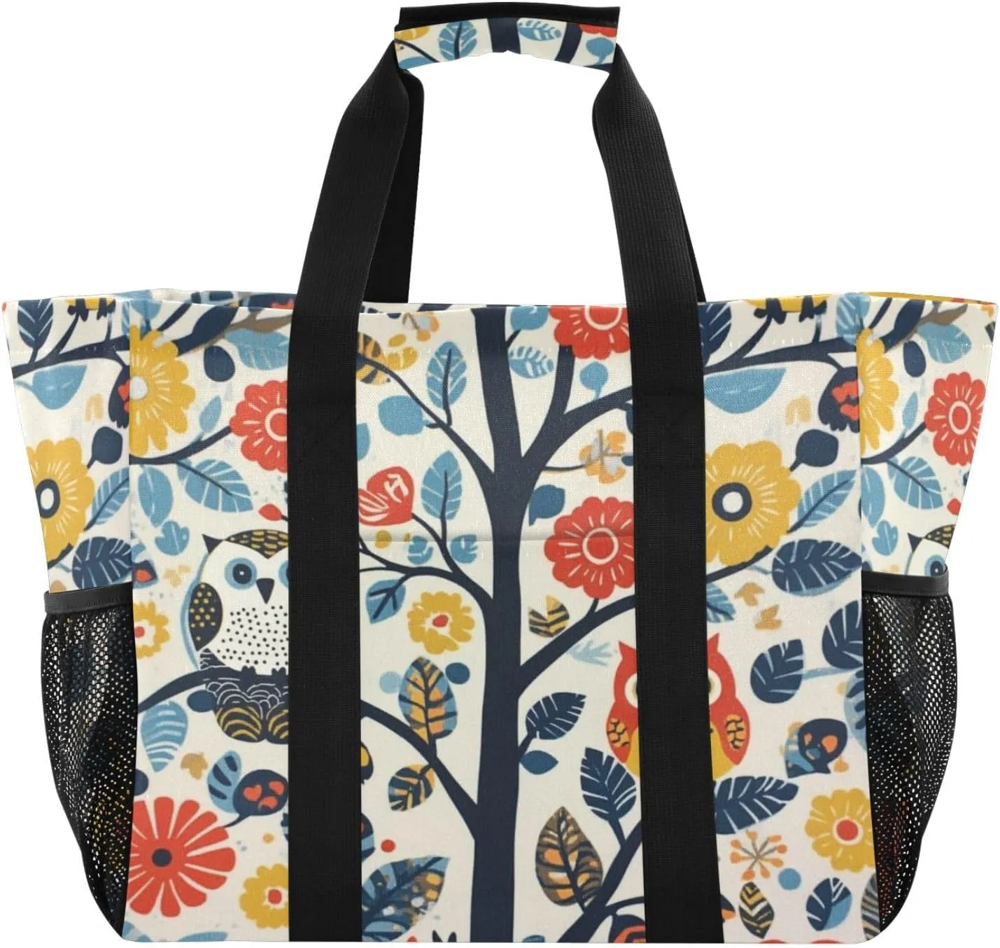 Kigai Owls Flowers Reusable Grocery Bag with Handles Waterproof Foldable Extra Large Tote Shopping Bag Standing Organizer for Picnics, Beach, Pool, Laundry, Car, Camping