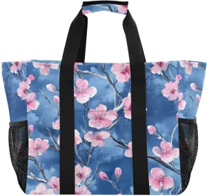 Kigai Pink Peach Flowers Reusable Grocery Bag with Handles Waterproof Foldable Extra Large Tote Shopping Bag Standing Organizer for Picnics, Beach, Pool, Laundry, Car, Camping