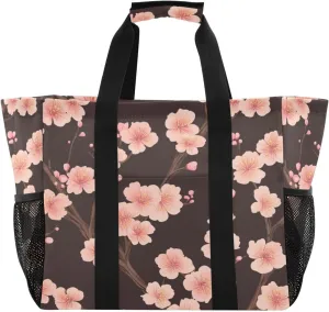 Kigai Pink Peach Flowers Reusable Grocery Bag with Handles Waterproof Foldable Extra Large Tote Shopping Bag Standing Organizer for Picnics, Beach, Pool, Laundry, Car, Camping