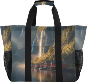 Kigai Waterfall Room Reusable Grocery Bag with Handles Waterproof Foldable Extra Large Tote Shopping Bag Standing Organizer for Picnics, Beach, Pool, Laundry, Car, Camping