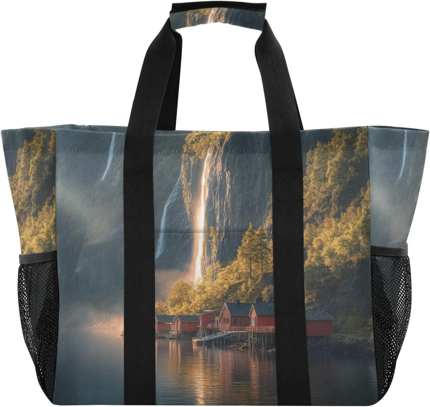 Kigai Waterfall Room Reusable Grocery Bag with Handles Waterproof Foldable Extra Large Tote Shopping Bag Standing Organizer for Picnics, Beach, Pool, Laundry, Car, Camping