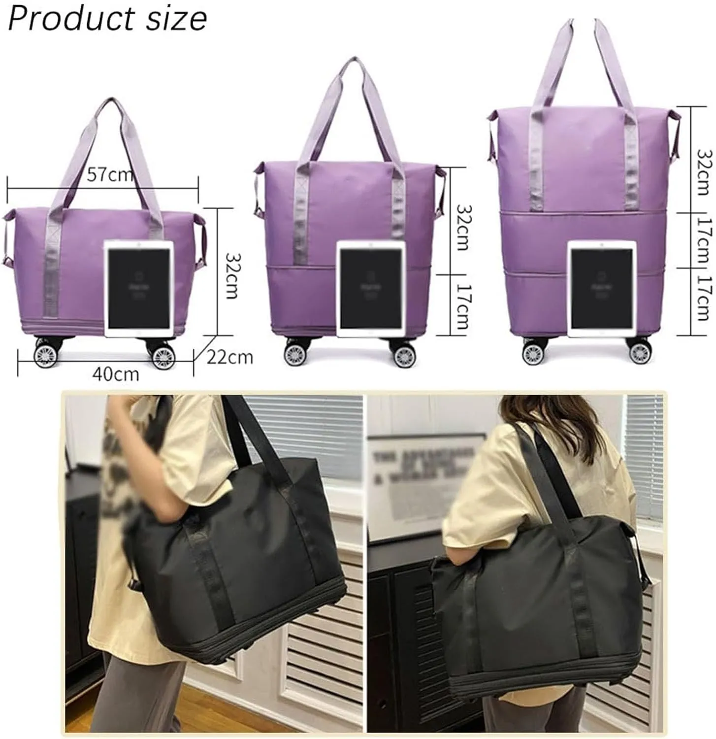 Klarson Expandable Bag, Lightweight Durable Rolling Duffles and Expandable Wheeled Carry-On Foldable Suitcase without Handle, (Black)