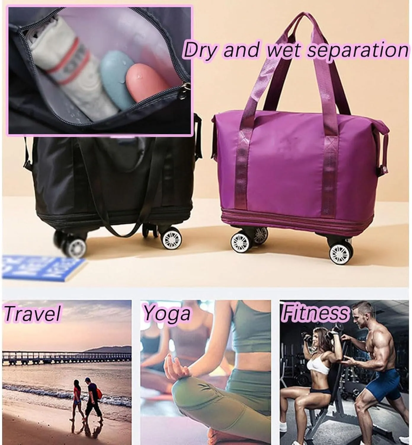 Klarson Expandable Bag, Lightweight Durable Rolling Duffles and Expandable Wheeled Carry-On Foldable Suitcase without Handle, (Dark Blue)