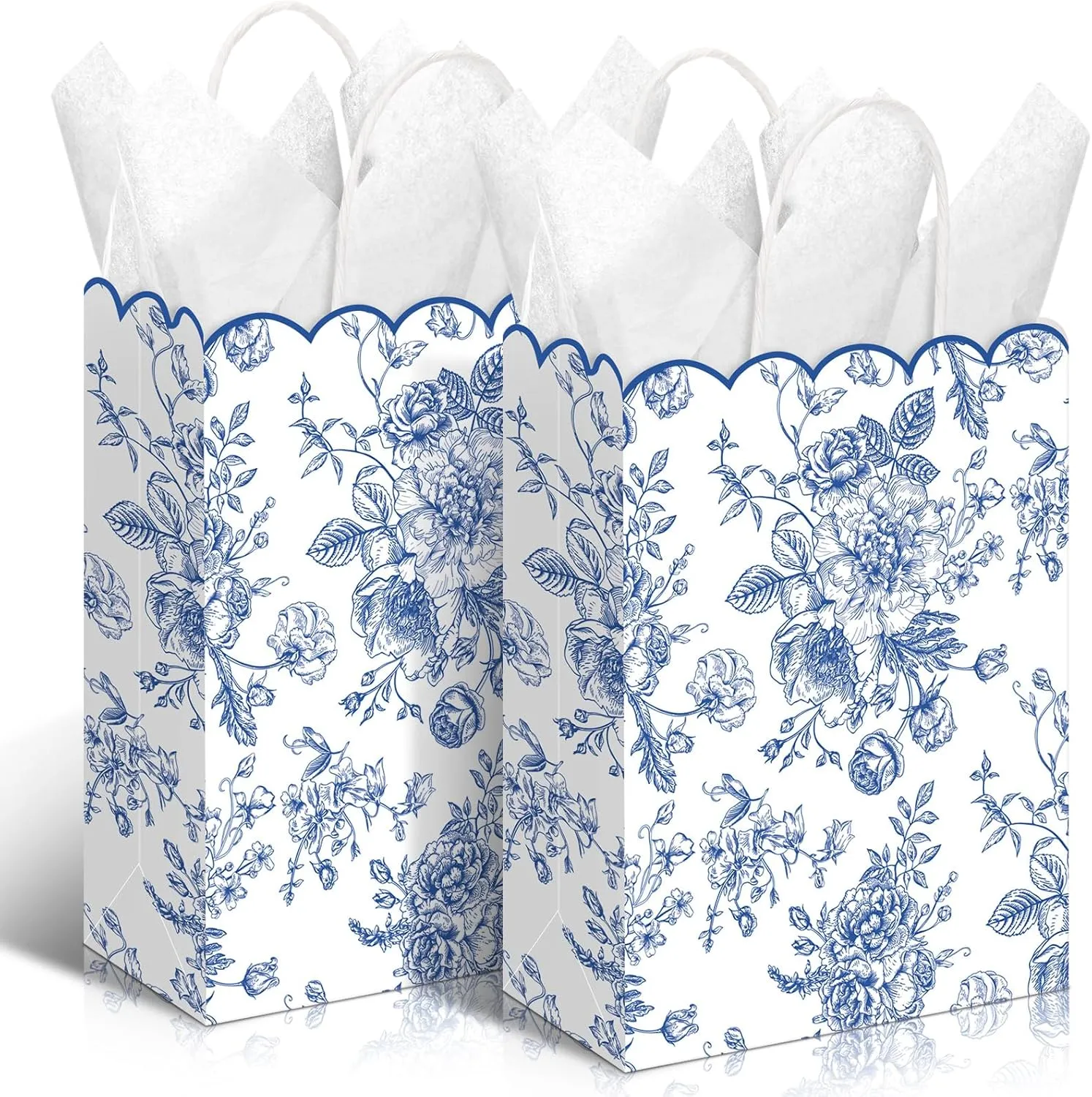 Kolldenn 24 Pcs Blue Floral Party Favor Bags with Handles Scalloped Wildflower Goodie Candy Gift Treat Bags for Birthday Decoration for Bridal Baby Shower Party Supplie