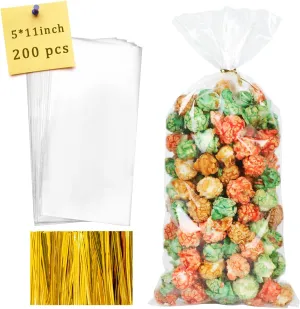 Labeol 200pcs Cellophane Bags 5x11 Treat Bags with Ties Clear Gift Candy Cookie for Packaging Party Favor Halloween Christmas Gift Wrapping