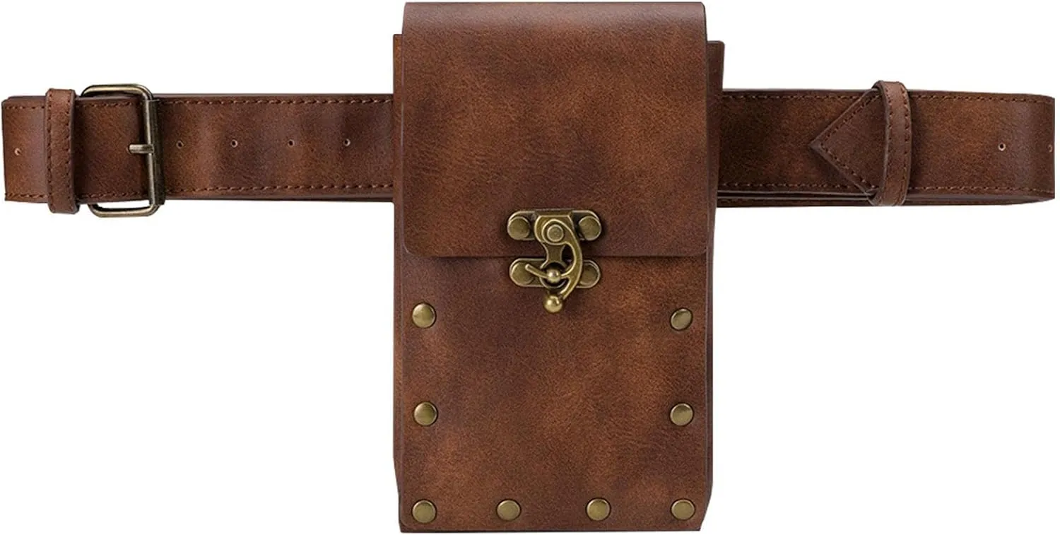 LAFANDE Vintage Fashion Waist Bag | Gothic Leather Man Hiking Wallet, Fanny Pack Belt Bag for Women Retro Travel Purse Pocket Motorcycle Bag Stud Rivet Buckle