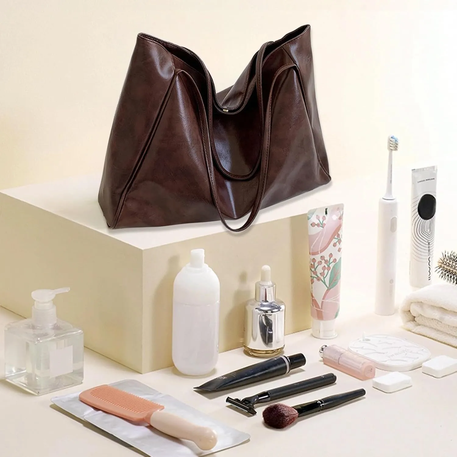 Large Capacity Shoulder Tote Bag Soft Oiled Leather Shoulder Bags Vintage Slouchy Bucket Purse Retro Handcarry