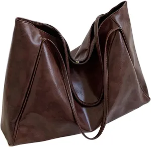 Large Capacity Shoulder Tote Bag Soft Oiled Leather Shoulder Bags Vintage Slouchy Bucket Purse Retro Handcarry