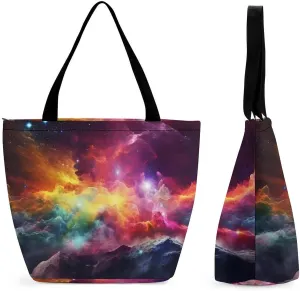 Large Capacity Tote Bag for Women Colorful Outer Space Shoulder Bag with Zipper Reusable Shopping Handbags with Compartments Crossbody Bag for Office Travel Work