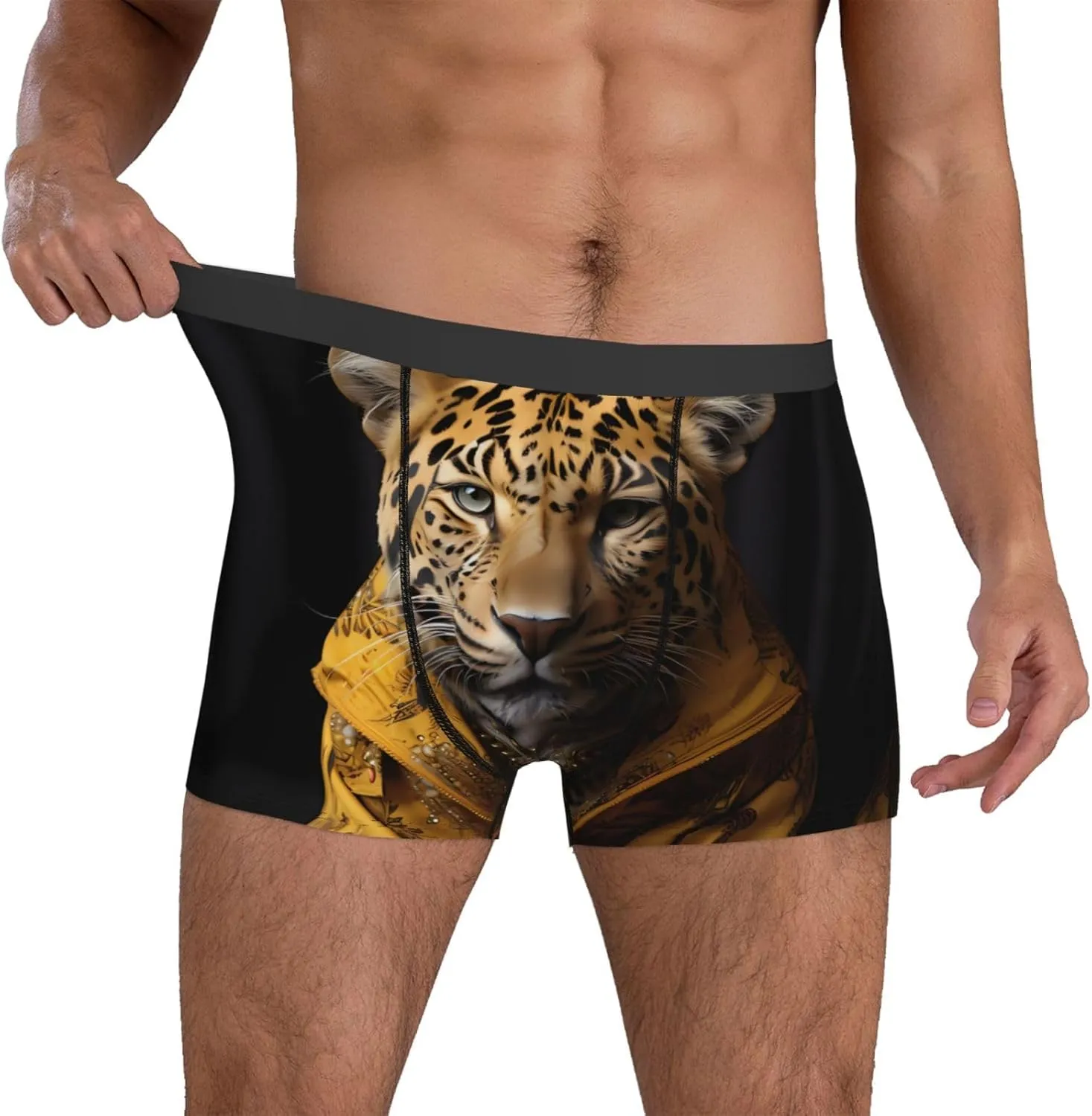 Leopard in a leather jacket Printed Men's Boxer Briefs, Polyester Elastic Boxer Briefs - Multiple Sizes