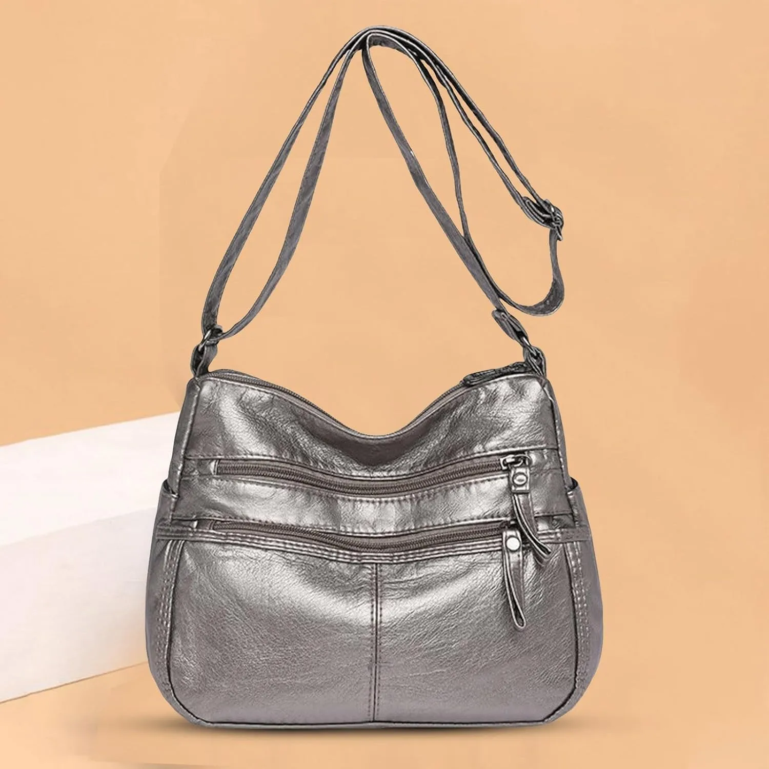 Lightweight Pocketbook Fashion Casual Women's Retro Soft Leather Zipper Double Pocket Shoulder Messenger Bag