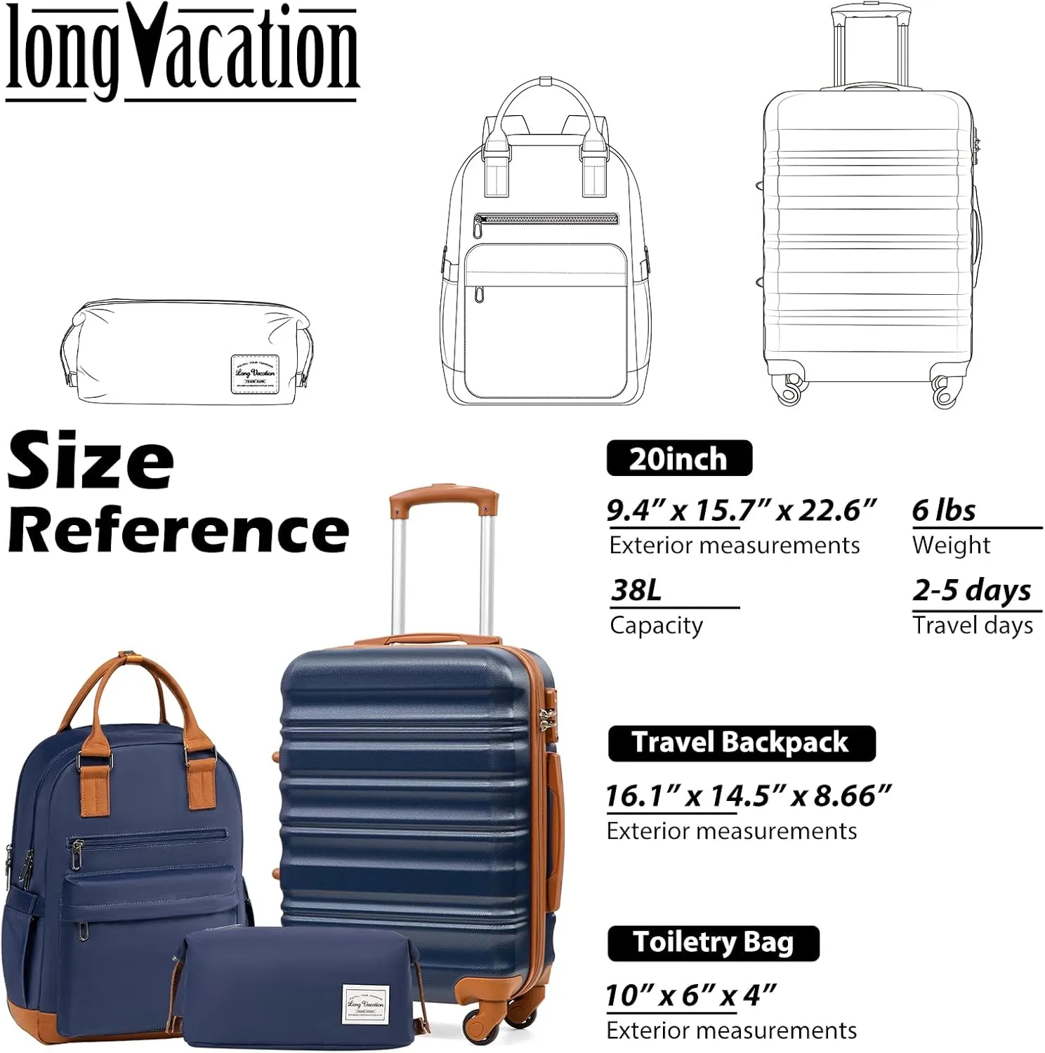 LONG VACATION 3 Piece Luggage Set 20 IN Carry on Suitcase ABS PC Hardshell Luggage with Spinner Wheels & YKK Zipper TSA Lock (20 INCH (BP/TB), NAVY)