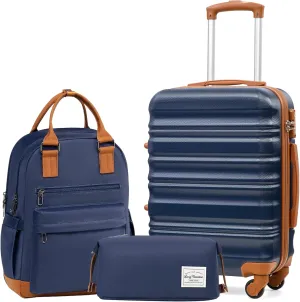 LONG VACATION 3 Piece Luggage Set 20 IN Carry on Suitcase ABS PC Hardshell Luggage with Spinner Wheels & YKK Zipper TSA Lock (20 INCH (BP/TB), NAVY)