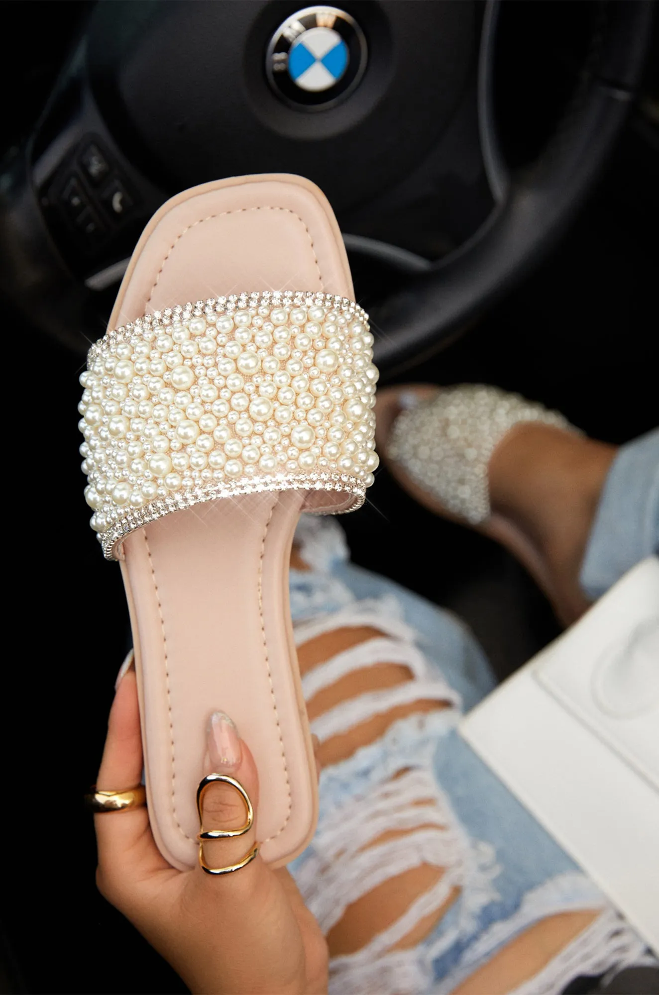 Love Destination Faux Pearl Slip On Sandals - Nude