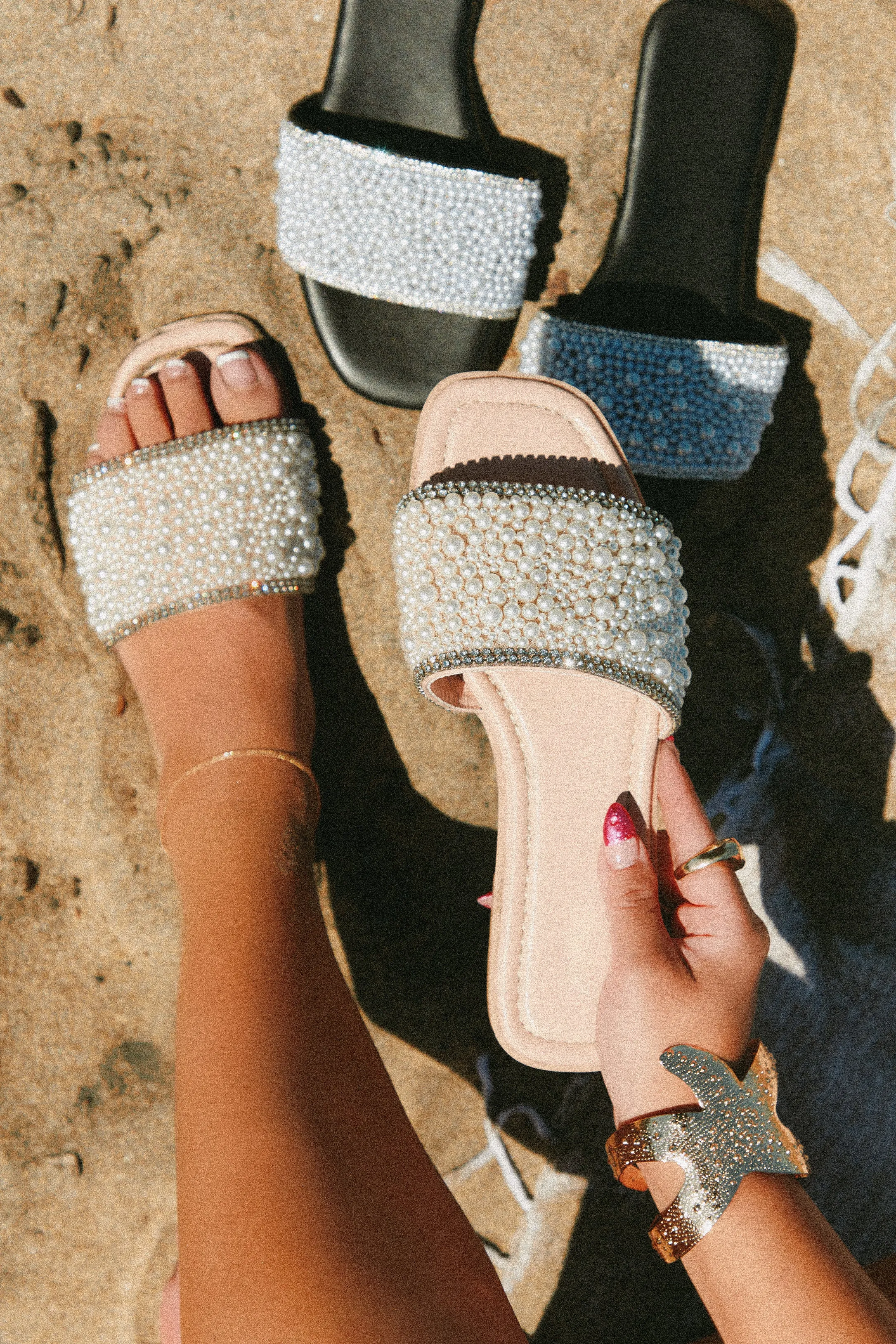 Love Destination Faux Pearl Slip On Sandals - Nude