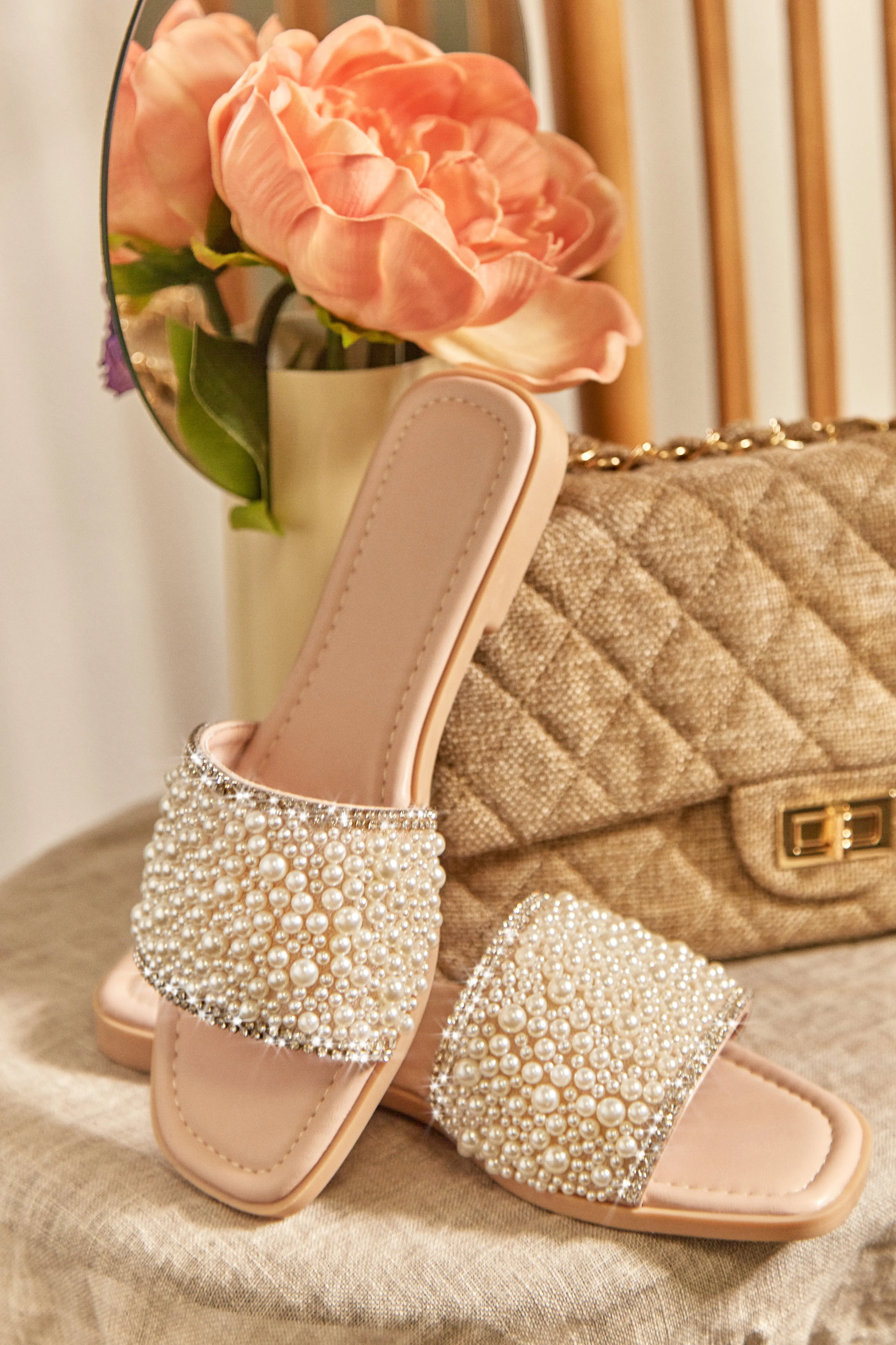 Love Destination Faux Pearl Slip On Sandals - Nude