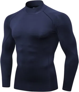 Men's Athletic Compression Shirt Long Sleeve Active Elastic Turtleneck Running Gym Cool Dry Base Layer, 1 Pack Turtleneck Shirts #Navy Blue, Large