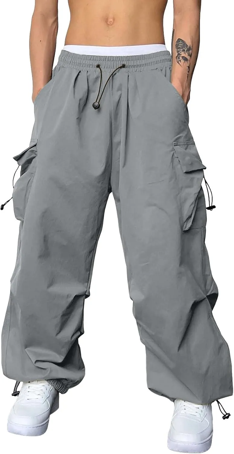 Men's Baggy Cargo Pants Casual Wide Leg Parachute Cargo Pants Loose Fit Palazzo Hip Hop Harem Trouser with Pockets