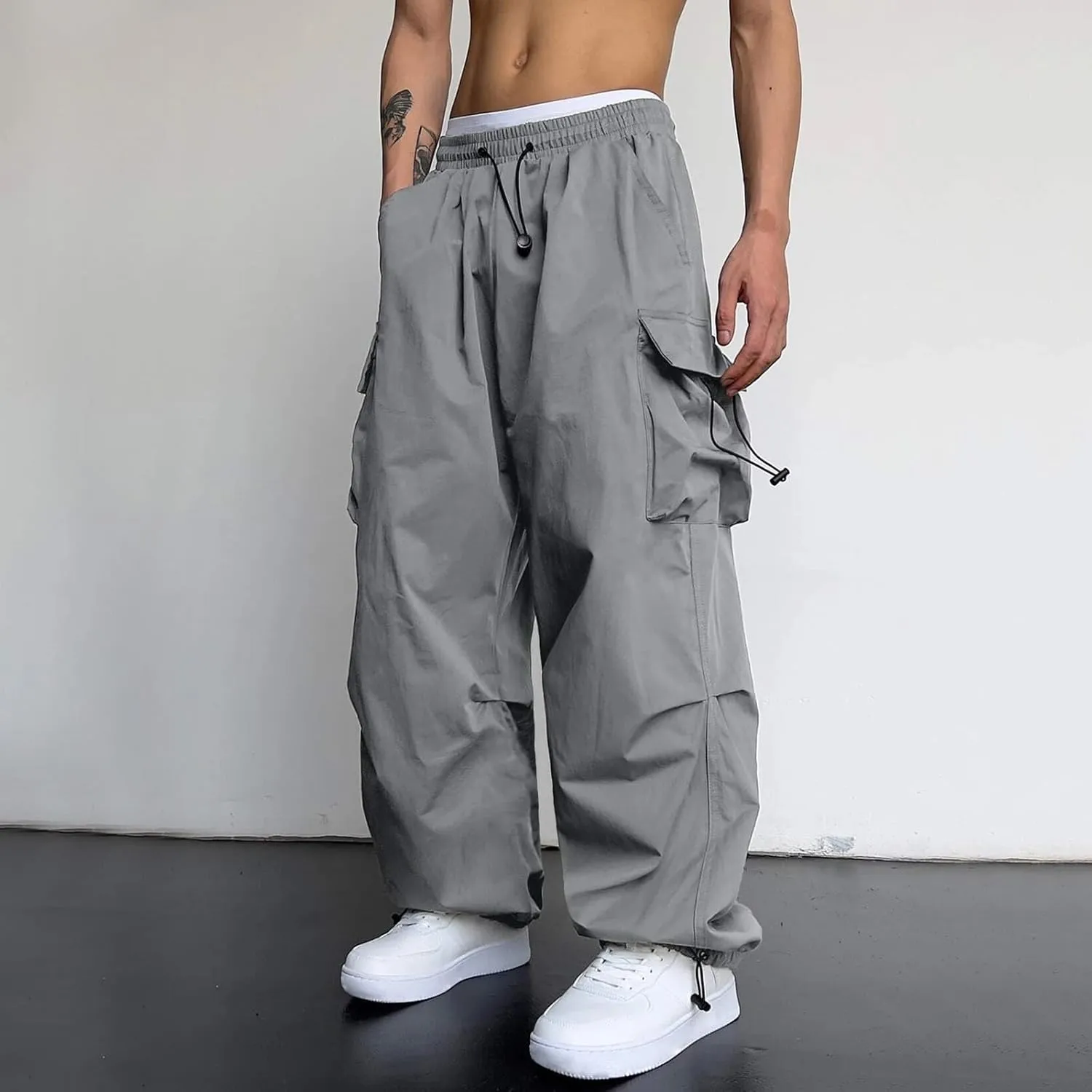 Men's Baggy Cargo Pants Casual Wide Leg Parachute Cargo Pants Loose Fit Palazzo Hip Hop Harem Trouser with Pockets
