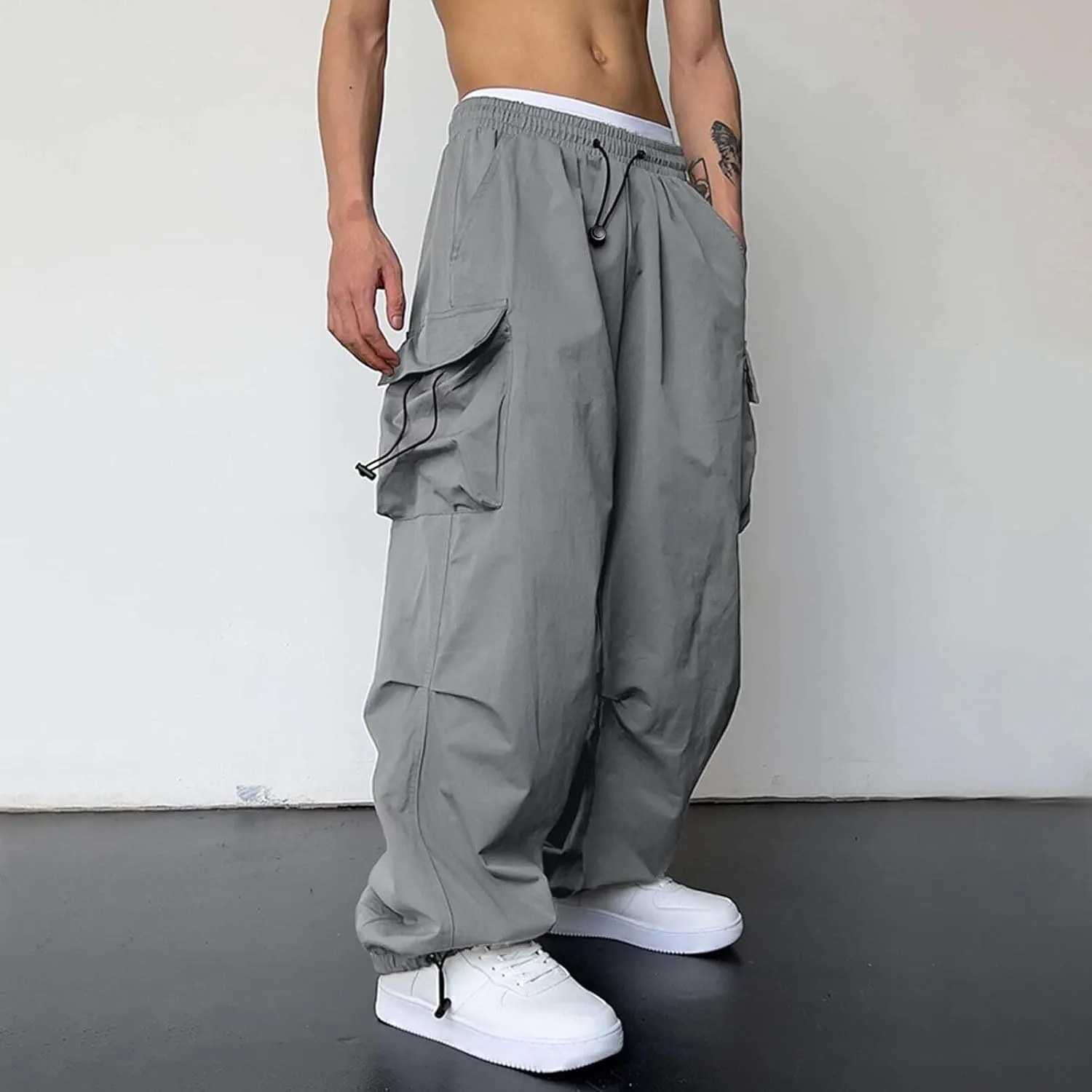 Men's Baggy Cargo Pants Casual Wide Leg Parachute Cargo Pants Loose Fit Palazzo Hip Hop Harem Trouser with Pockets