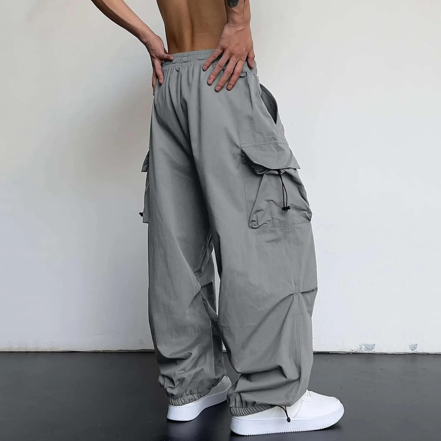 Men's Baggy Cargo Pants Casual Wide Leg Parachute Cargo Pants Loose Fit Palazzo Hip Hop Harem Trouser with Pockets