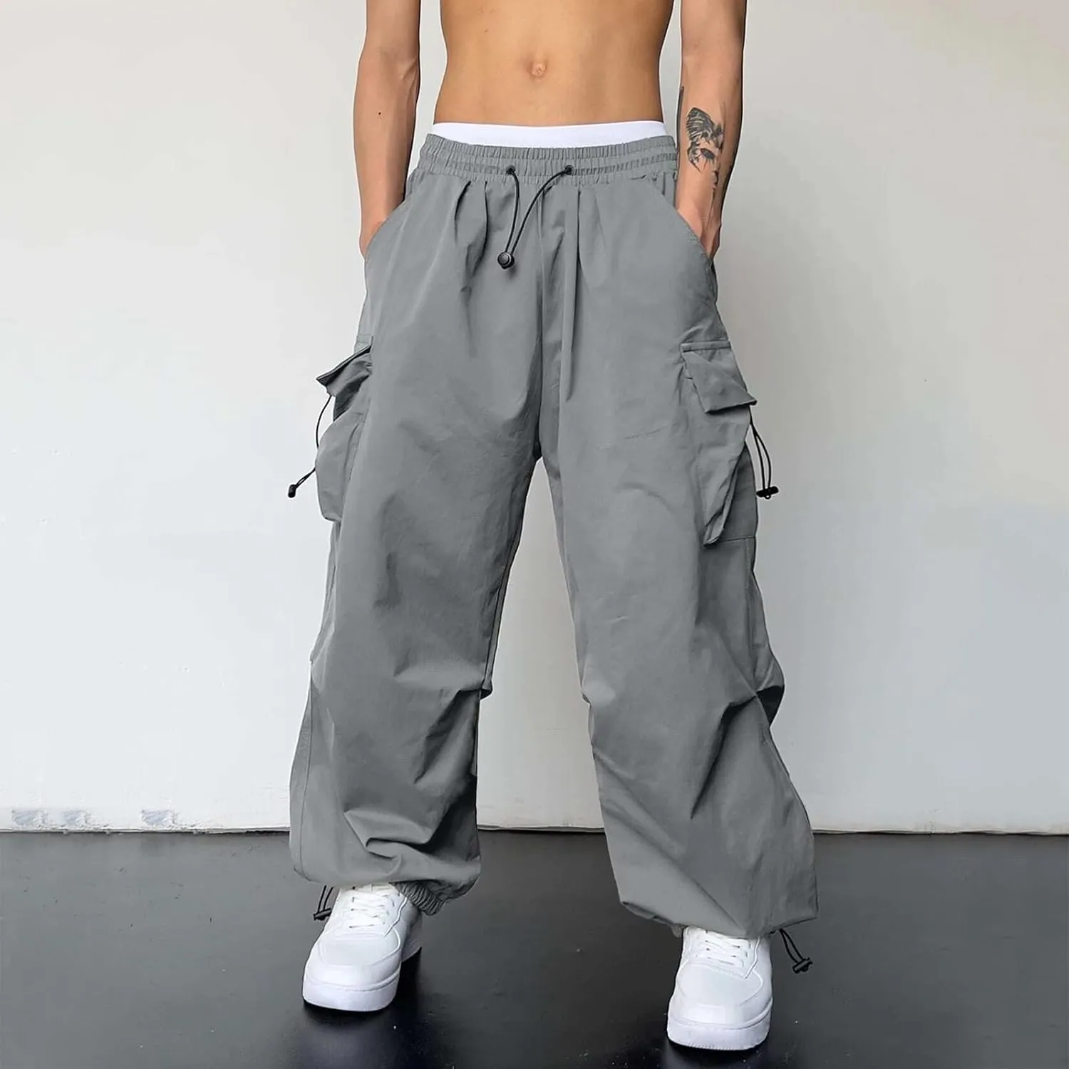 Men's Baggy Cargo Pants Casual Wide Leg Parachute Cargo Pants Loose Fit Palazzo Hip Hop Harem Trouser with Pockets