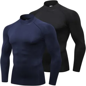 Men's Compression Shirt Athletic Long Sleeve Running Gym Turtleneck Quick Dry Active Elastic Baselayer, 2 Pcs Navy black# Turtleneck, Small