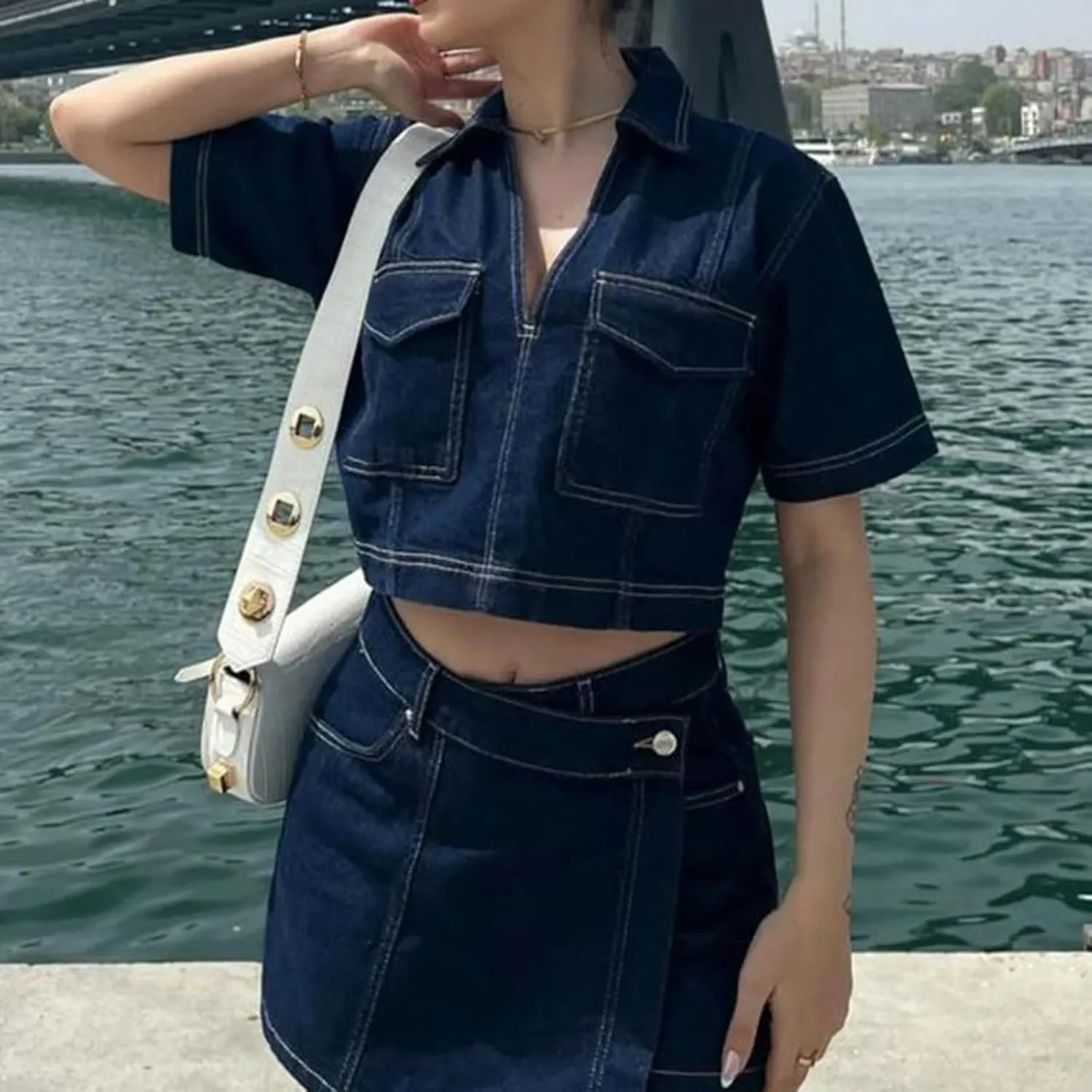 Mxiqqpltky Denim Skirt Sets Women 2 Piece Outfits Y2k Short Sleeve V Neck Crop T Shirt and High Waist Mini Jean Skirts Skorts