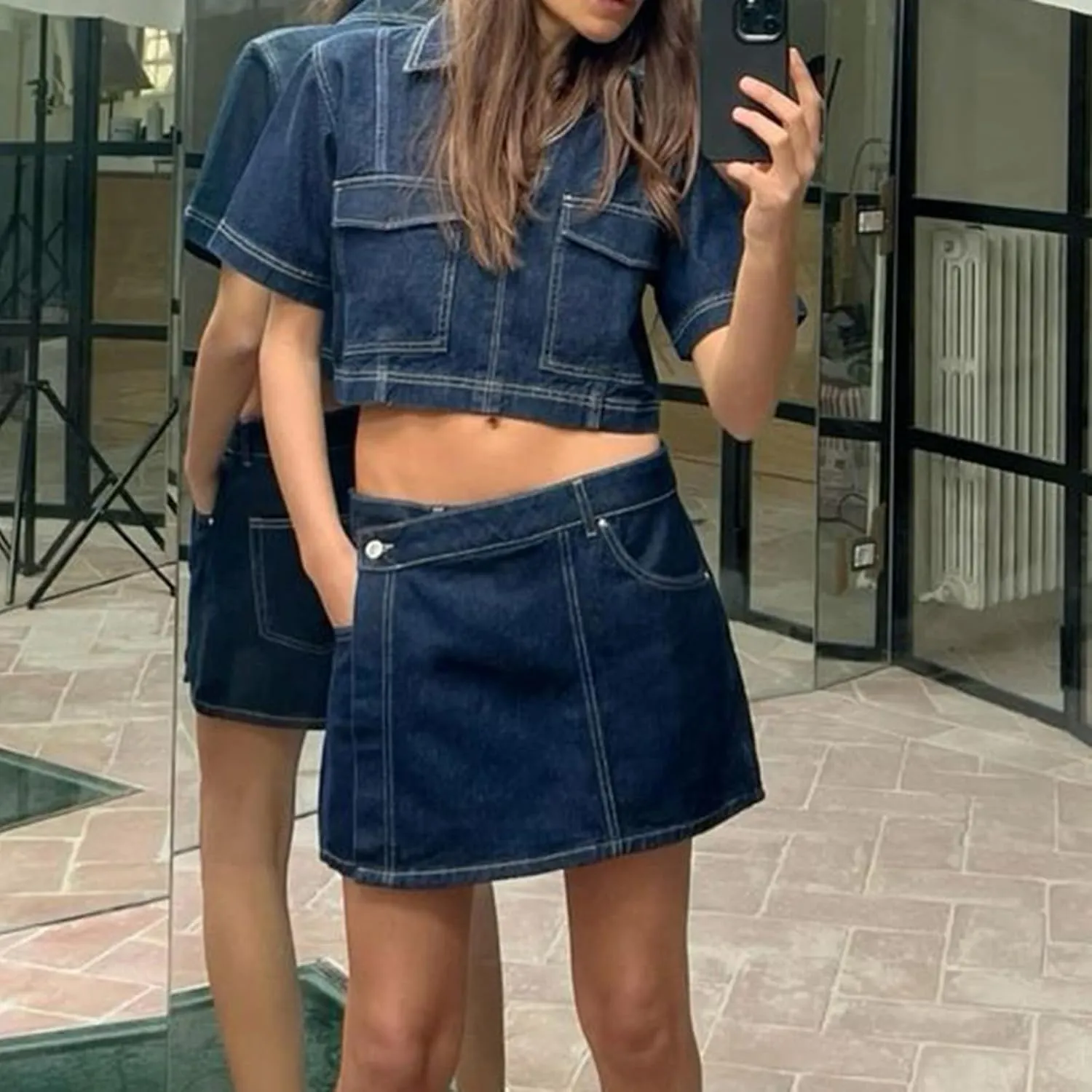 Mxiqqpltky Denim Skirt Sets Women 2 Piece Outfits Y2k Short Sleeve V Neck Crop T Shirt and High Waist Mini Jean Skirts Skorts