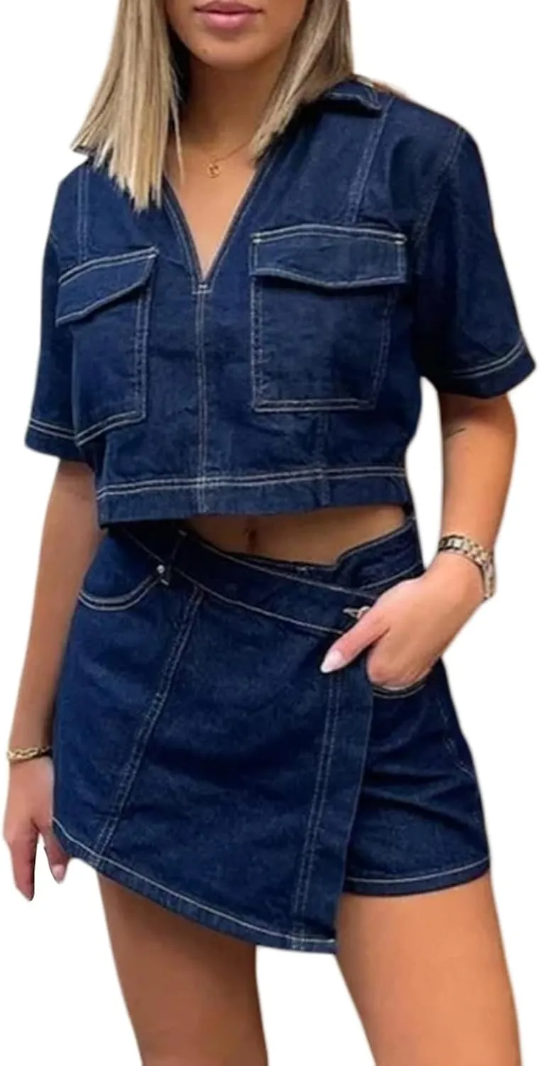Mxiqqpltky Denim Skirt Sets Women 2 Piece Outfits Y2k Short Sleeve V Neck Crop T Shirt and High Waist Mini Jean Skirts Skorts