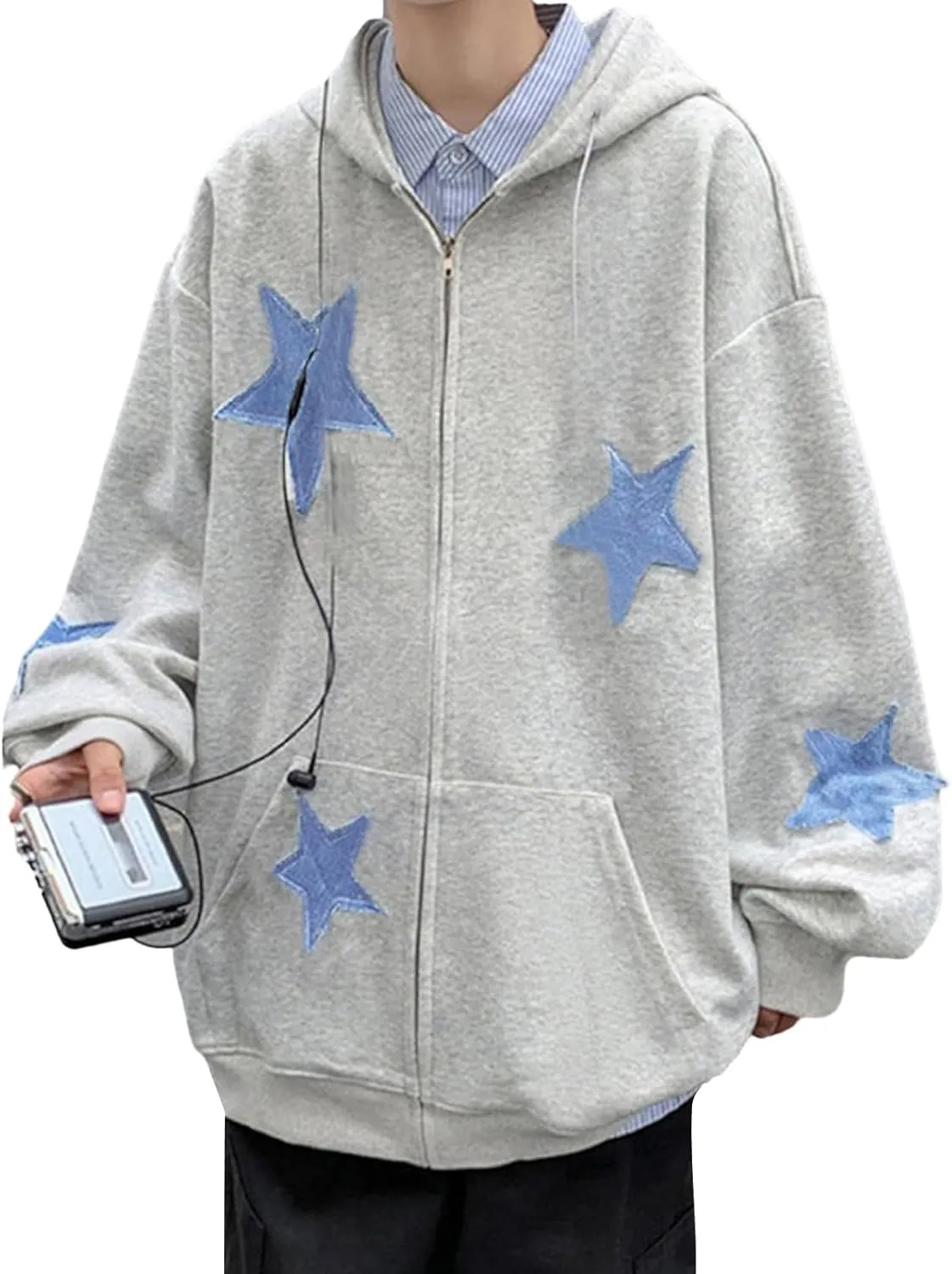 Mxiqqpltky Zip Up Hoodie Women Y2k Star Patch Graphic Hoodies Harajuku Oversized Aesthetic Sweatshirt Jacket Streetwear