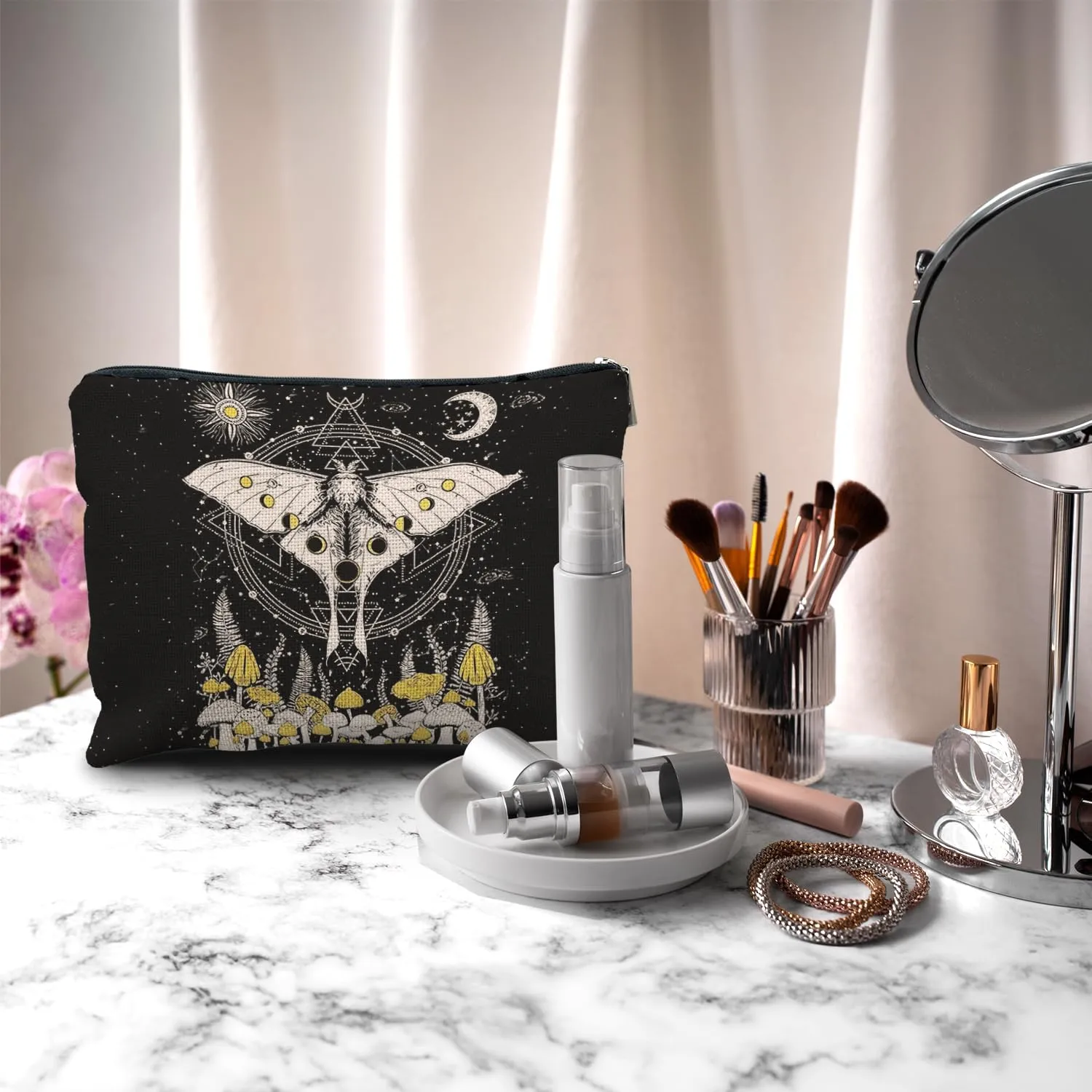 Nogrit Celestial Moon Moth Mushroom Witchy Makeup Bag, Sun and Moon Gifts Cosmetic Bags for Women, Witchy Gifts for Women, Witch Stuff, Witchcraft Gifts Small Makeup Cosmetic Bag for Purse