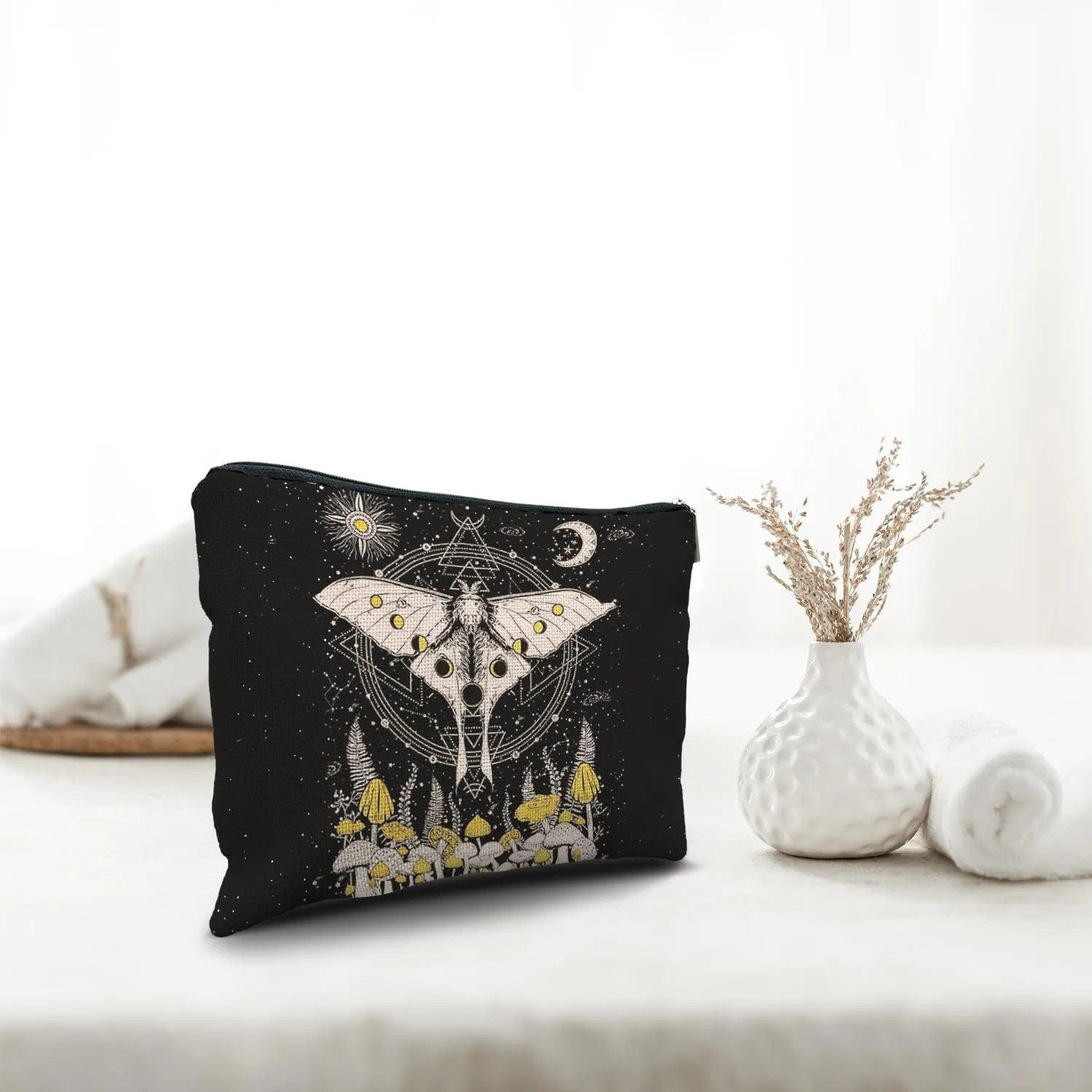 Nogrit Celestial Moon Moth Mushroom Witchy Makeup Bag, Sun and Moon Gifts Cosmetic Bags for Women, Witchy Gifts for Women, Witch Stuff, Witchcraft Gifts Small Makeup Cosmetic Bag for Purse