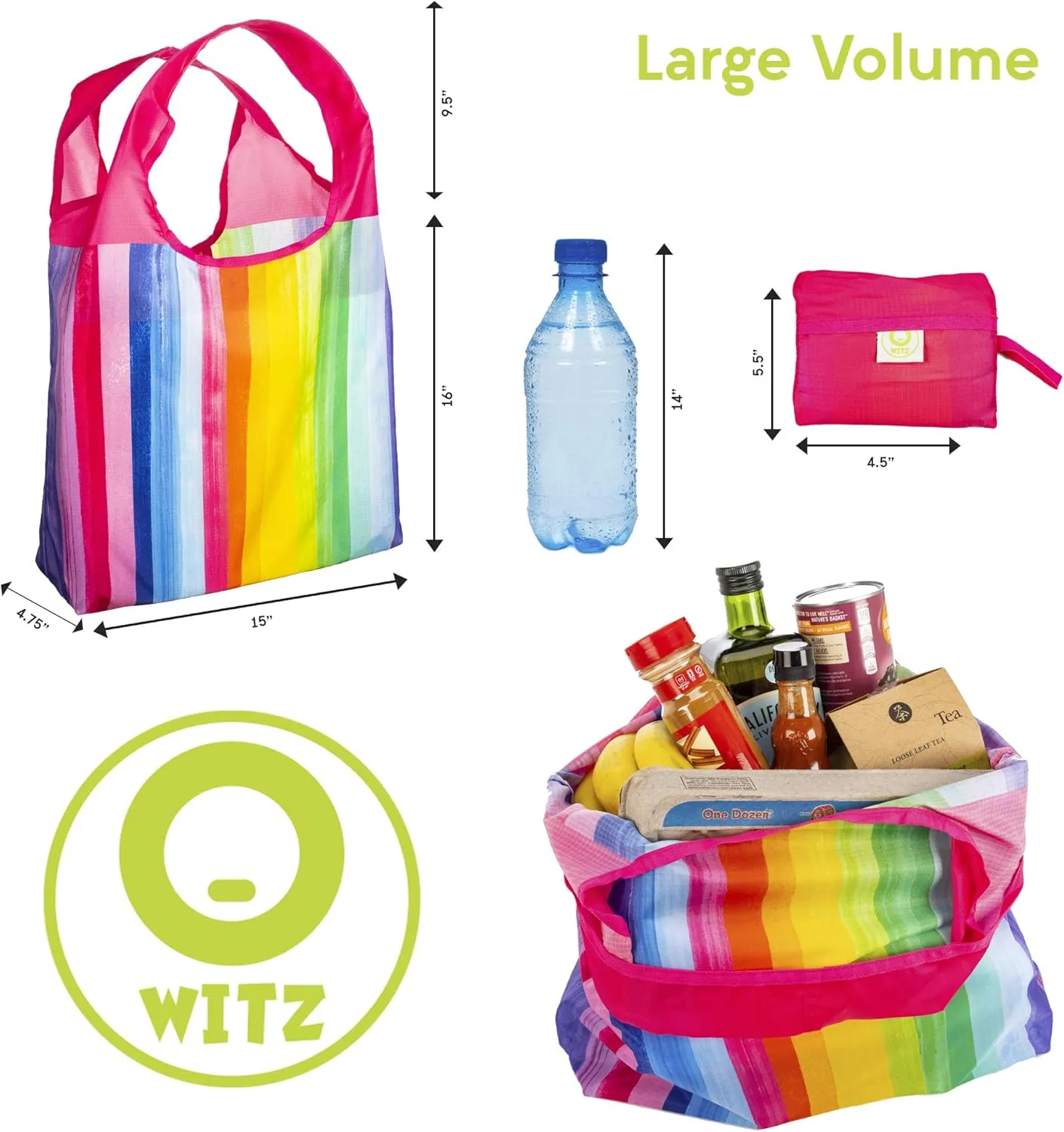 O-WITZ Reusable Grocery Bags | Vibrant Tote Bag For Groceries, Gym, Office, Beach, Toys & More | Washable Design With Large Handles For Maximum Convenience | Folds Into A Small Pouch, 3 Pack, Rainbow