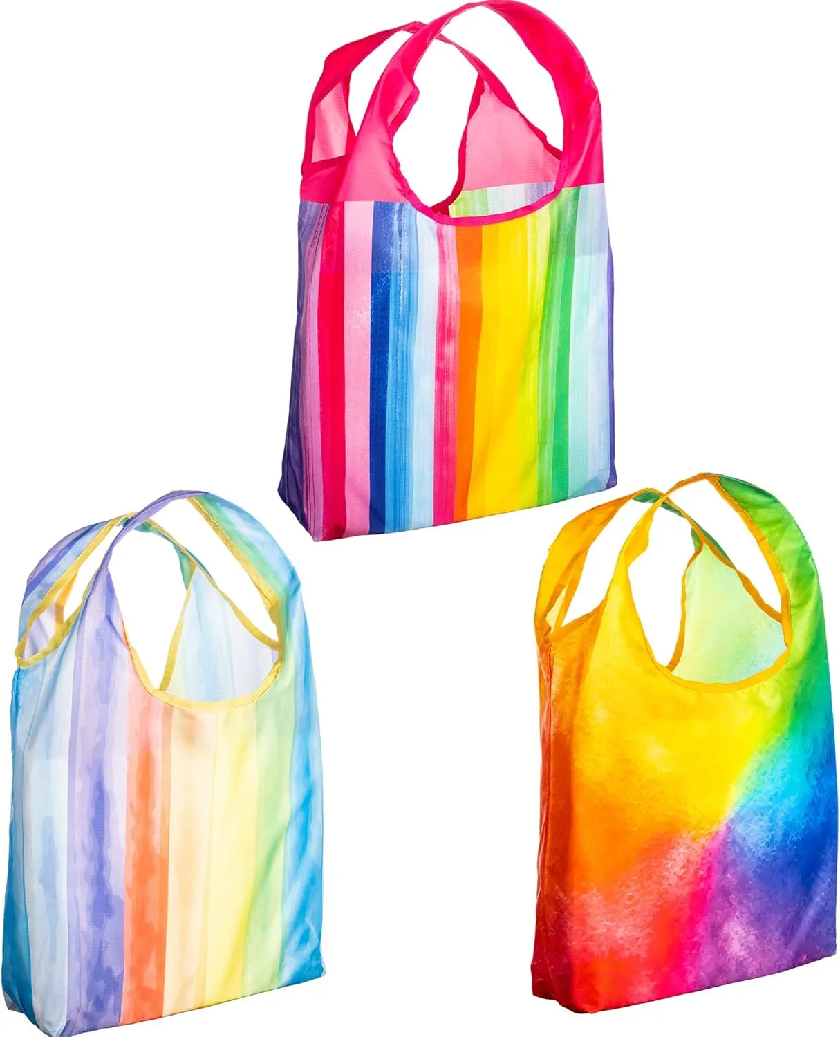O-WITZ Reusable Grocery Bags | Vibrant Tote Bag For Groceries, Gym, Office, Beach, Toys & More | Washable Design With Large Handles For Maximum Convenience | Folds Into A Small Pouch, 3 Pack, Rainbow
