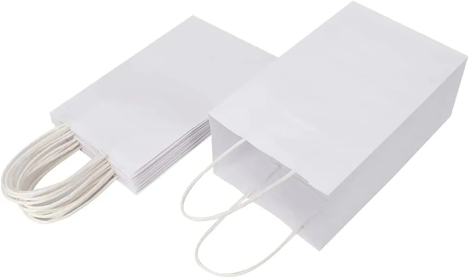 Oikss 100 Pack 5.25x3.25x8.25 Inch Small White Kraft Paper Bags with Handles Bulk for Birthday Wedding Party Favors Grocery Retail Shopping Business Goody Craft Gift Bags Cub Sacks (100pcs Count)
