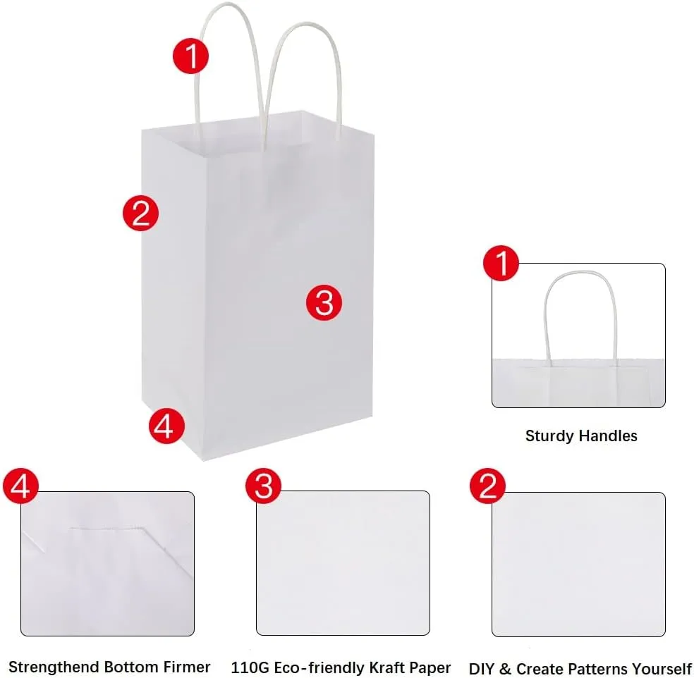 Oikss 100 Pack 5.25x3.25x8.25 Inch Small White Kraft Paper Bags with Handles Bulk for Birthday Wedding Party Favors Grocery Retail Shopping Business Goody Craft Gift Bags Cub Sacks (100pcs Count)