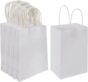 Oikss 100 Pack 5.25x3.25x8.25 Inch Small White Kraft Paper Bags with Handles Bulk for Birthday Wedding Party Favors Grocery Retail Shopping Business Goody Craft Gift Bags Cub Sacks (100pcs Count)