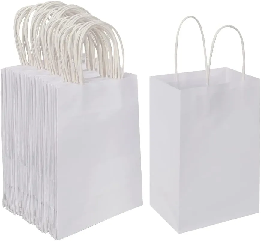 Oikss 100 Pack 5.25x3.25x8.25 Inch Small White Kraft Paper Bags with Handles Bulk for Birthday Wedding Party Favors Grocery Retail Shopping Business Goody Craft Gift Bags Cub Sacks (100pcs Count)
