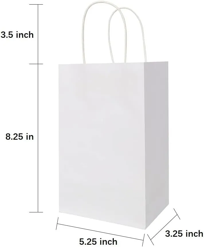Oikss 100 Pack 5.25x3.25x8.25 Inch Small White Kraft Paper Bags with Handles Bulk for Birthday Wedding Party Favors Grocery Retail Shopping Business Goody Craft Gift Bags Cub Sacks (100pcs Count)