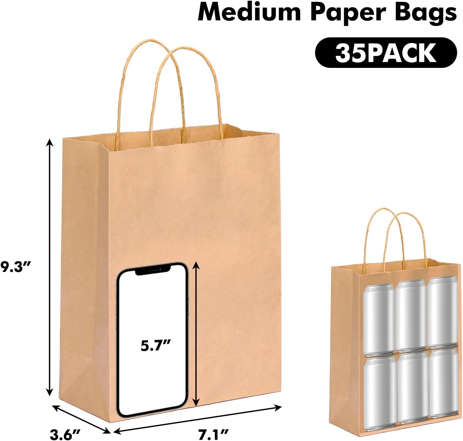 OUTUXED 35pcs Gift Bags, Brown Paper Bags with Handles, 7.1x3.6x9.3in Medium Size Kraft Paper Bags for Retail, Gift Wrapping, and Shopping